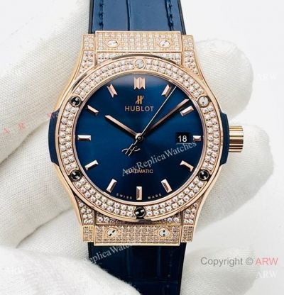 HB V3 version Hublot Classic Fusion Watch Iced Out Rose Gold Blue Dial Super Clone